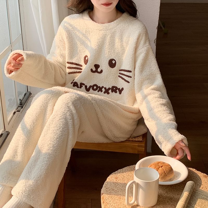 Dazzli - Pyjamaset: T-shirt met lange mouwen, ronde hals en kattenprint + broek