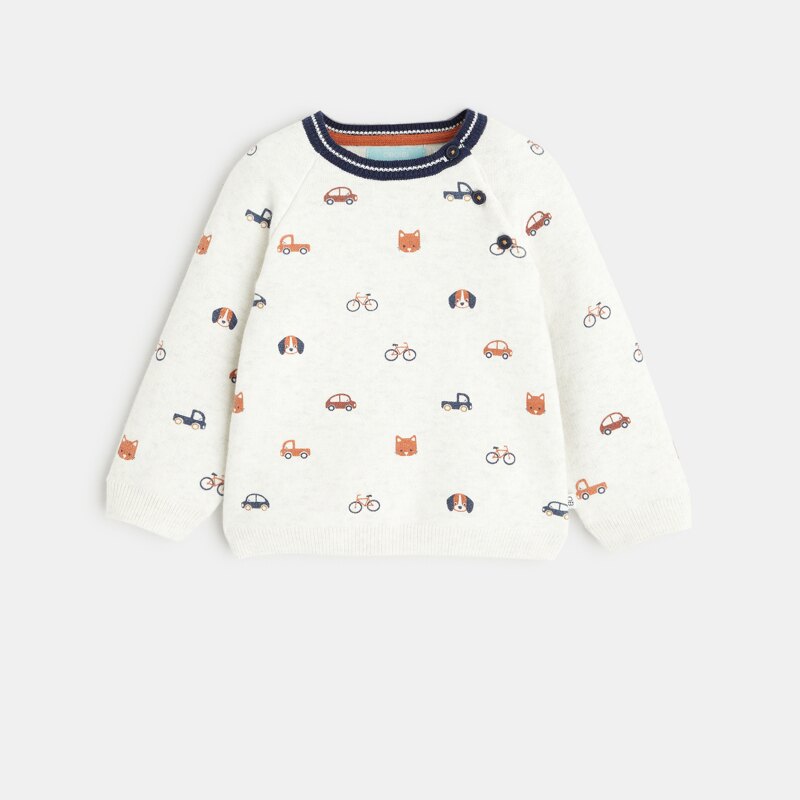 Pull maille animaux et véhicules blanc bébé garçon Blanc