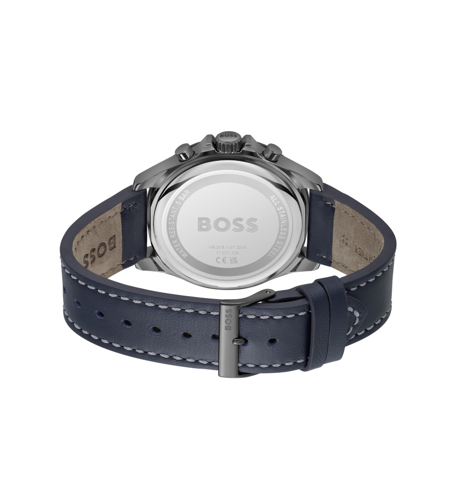Relógio analógico BOSS com pulseira de couro, cor azul marinho.