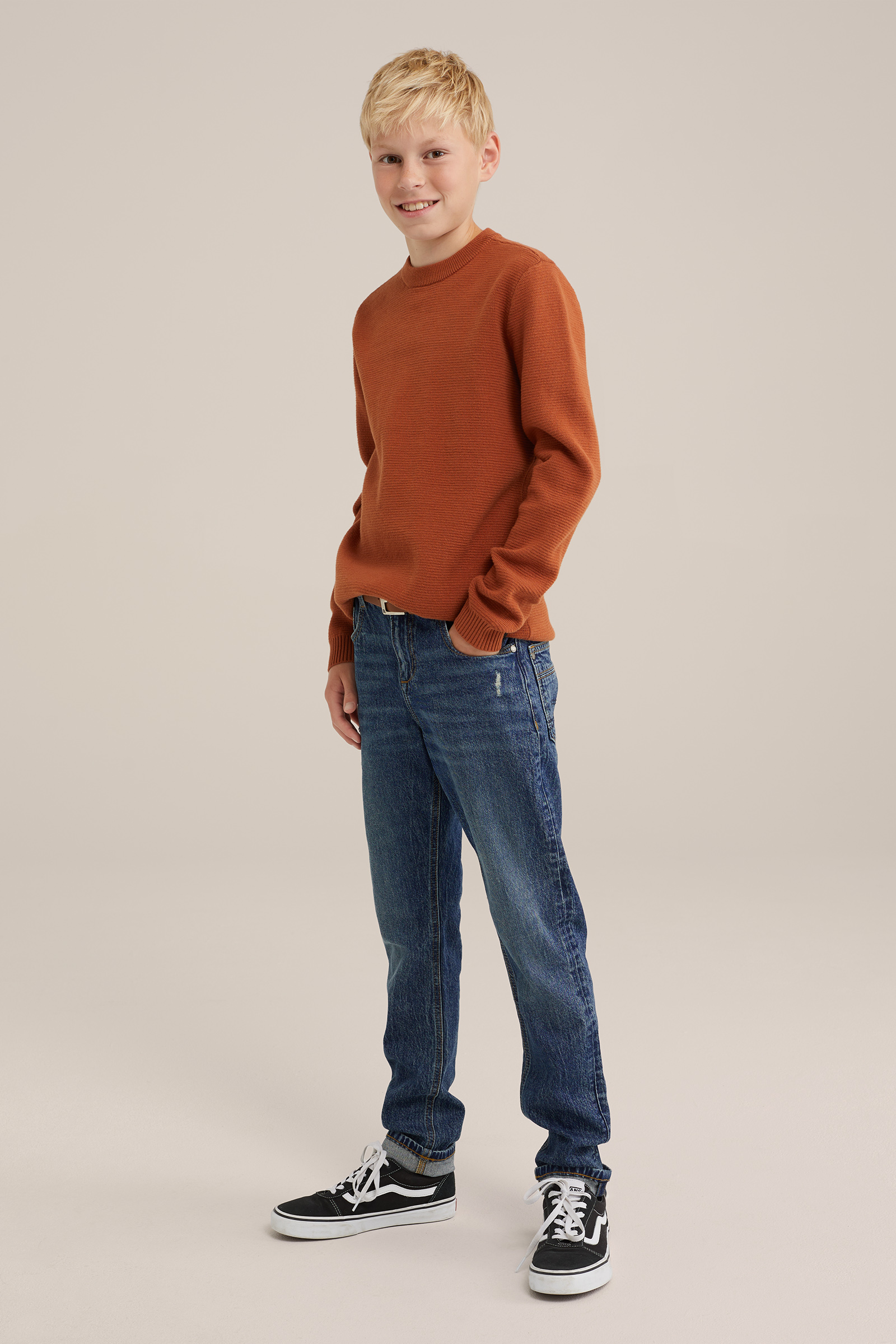 Jongens gebreide trui met ribstructuur WE Fashion Kaneelbruin