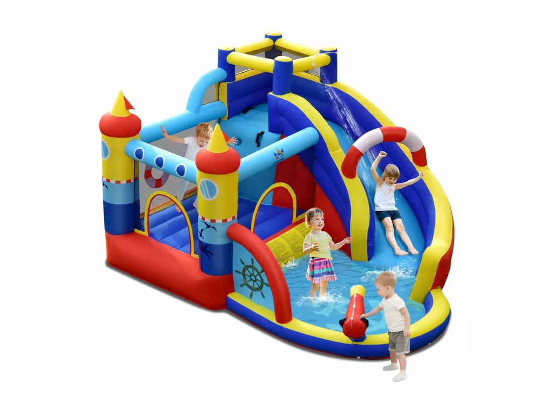 Aquatique Gonflable 6 en 1 avec Toboggan Incurvé Piscine à Eclaboussures Jeu Cible et Canon à Eau pour Enfants 3-10 ans（sans Gonfleur)