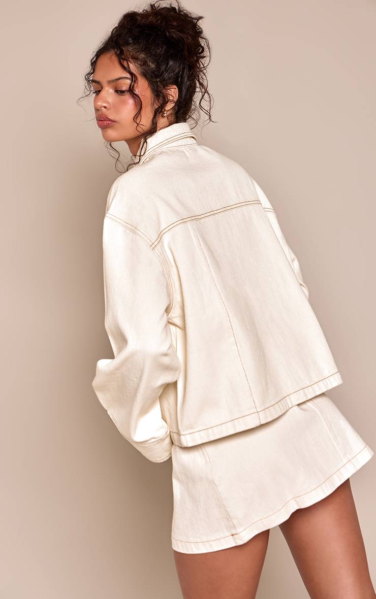 Ecru Veste En Denim Oversize À Surpiqûres Contrastantes