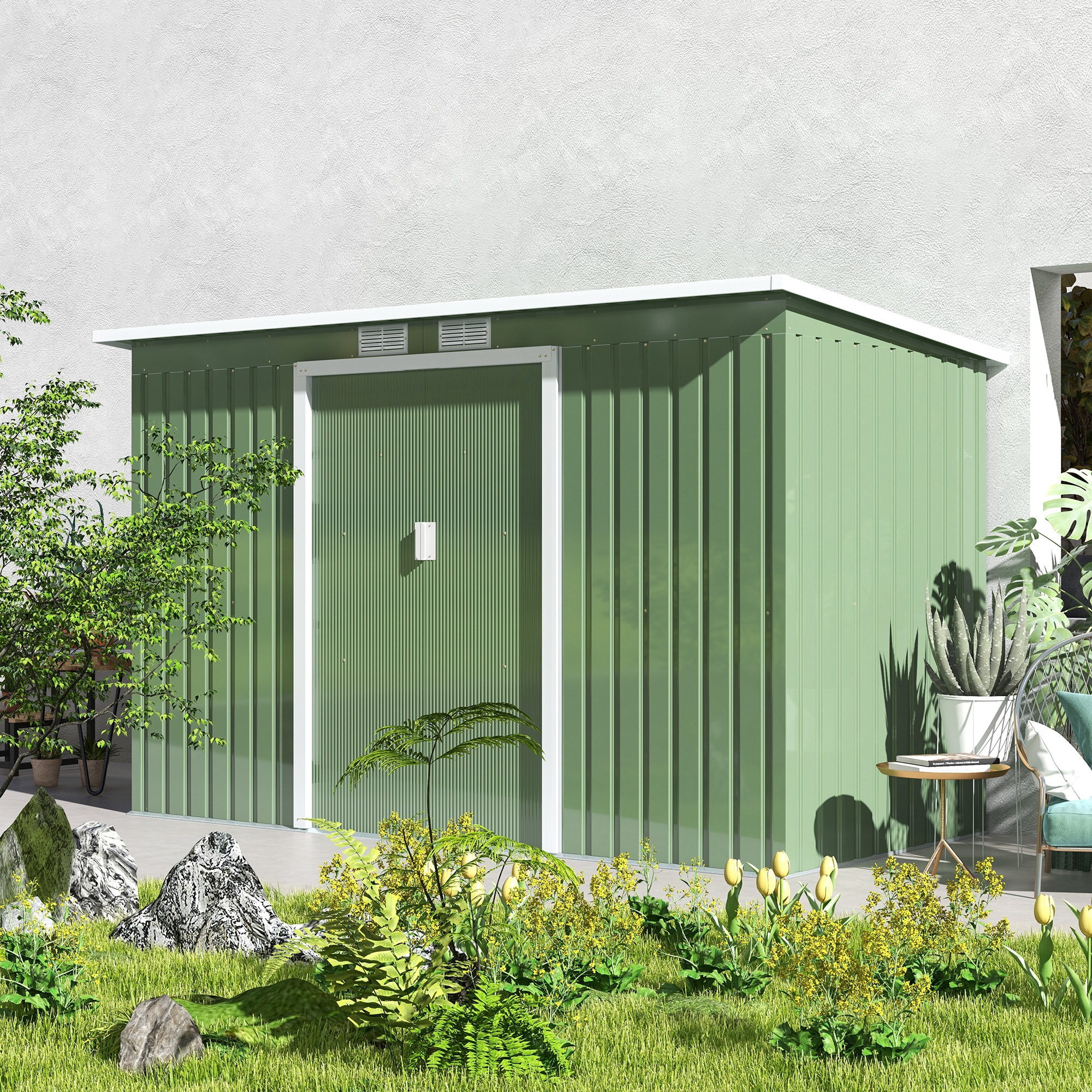 Casinha de Jardim Outsunny 213x130x172 cm com Base de 2,42 m², em Metal, para Armazenamento de Ferramentas Externas, com 2 Portas Deslizantes e 2 Janelas, Verde