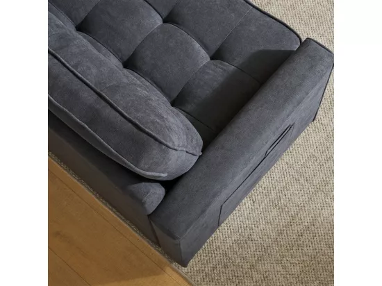 Canapé 2 places convertible en Lin gris - 151x86x75cm - avec poche d'accoudoir - couchage 169x127cm - Matelas 12cm