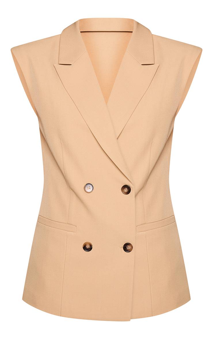 Beige Blazer Sans Manches À Double Boutonnage