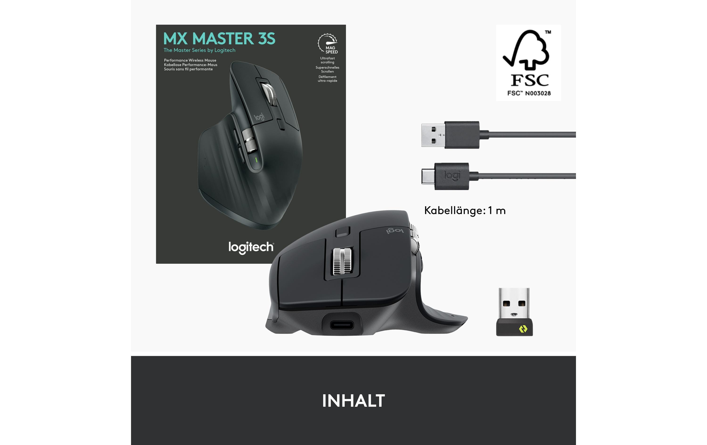 Maus MX Master 3S GraphiteKabellose Präzisionsmaus mit «Logitech Flow»-Technologie und leisen Klickgeräuschen
