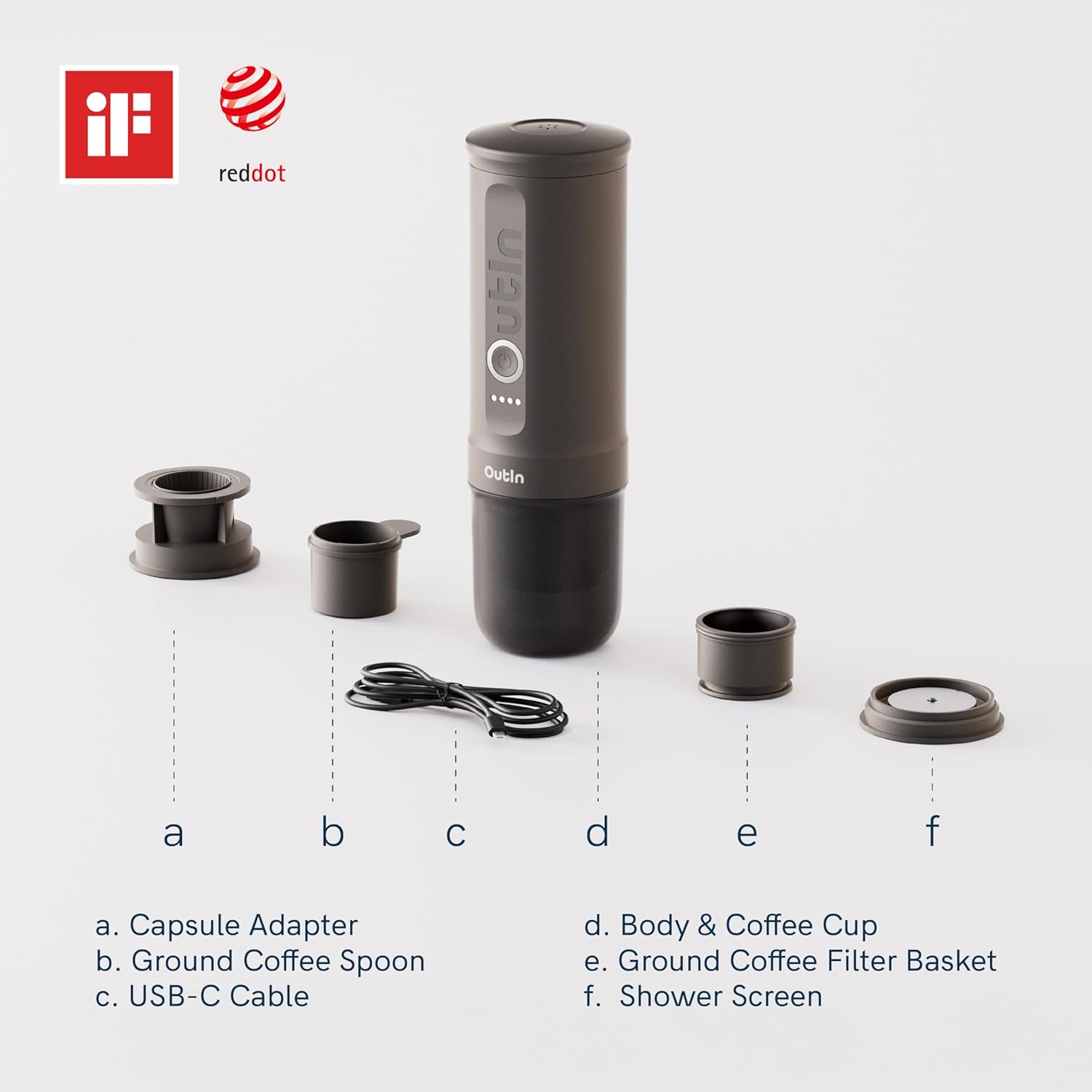 OutIn Nano Tragbare Espressomaschine mit Akku, für unterwegs oder Camping, Kaffeemaschine to go, mit elektrischer Selbsterhitzung über USB - C, 2 in 1 für gemahlenen kaffee und NS - kapseln