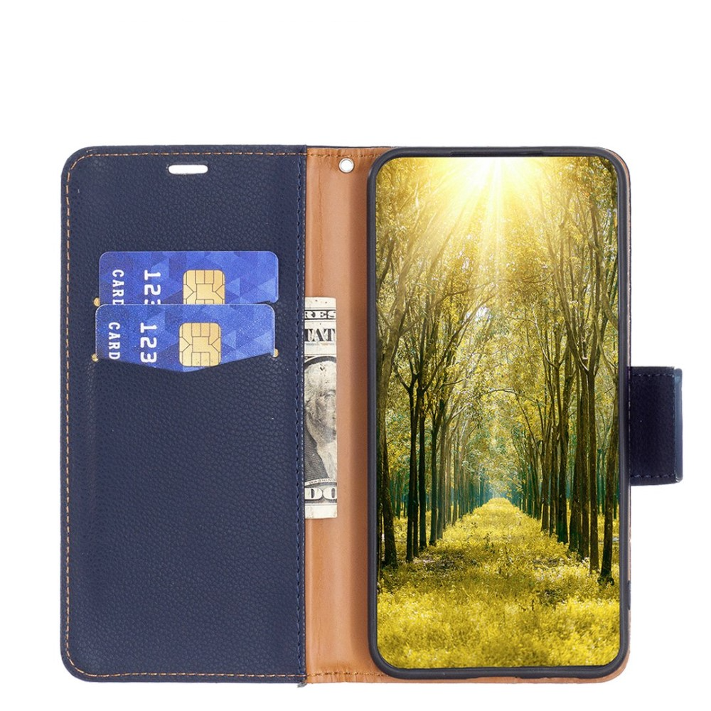 iPhone 14 Pro Leder Tasche Flip Cover im Litchi Look mit Kartenfach   Handschlaufe - Dunkelblau
