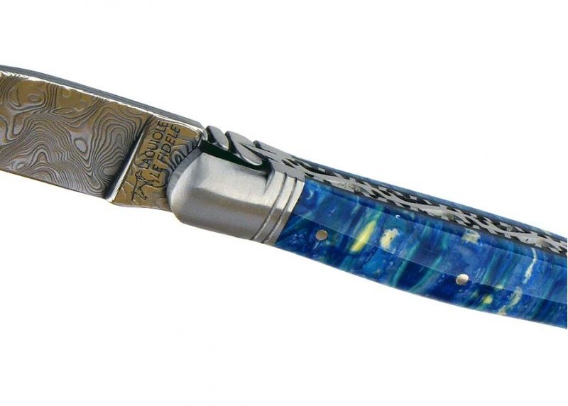 VENDU - Couteau Laguiole avec un manche en molaire de Mammouth teintée bleu