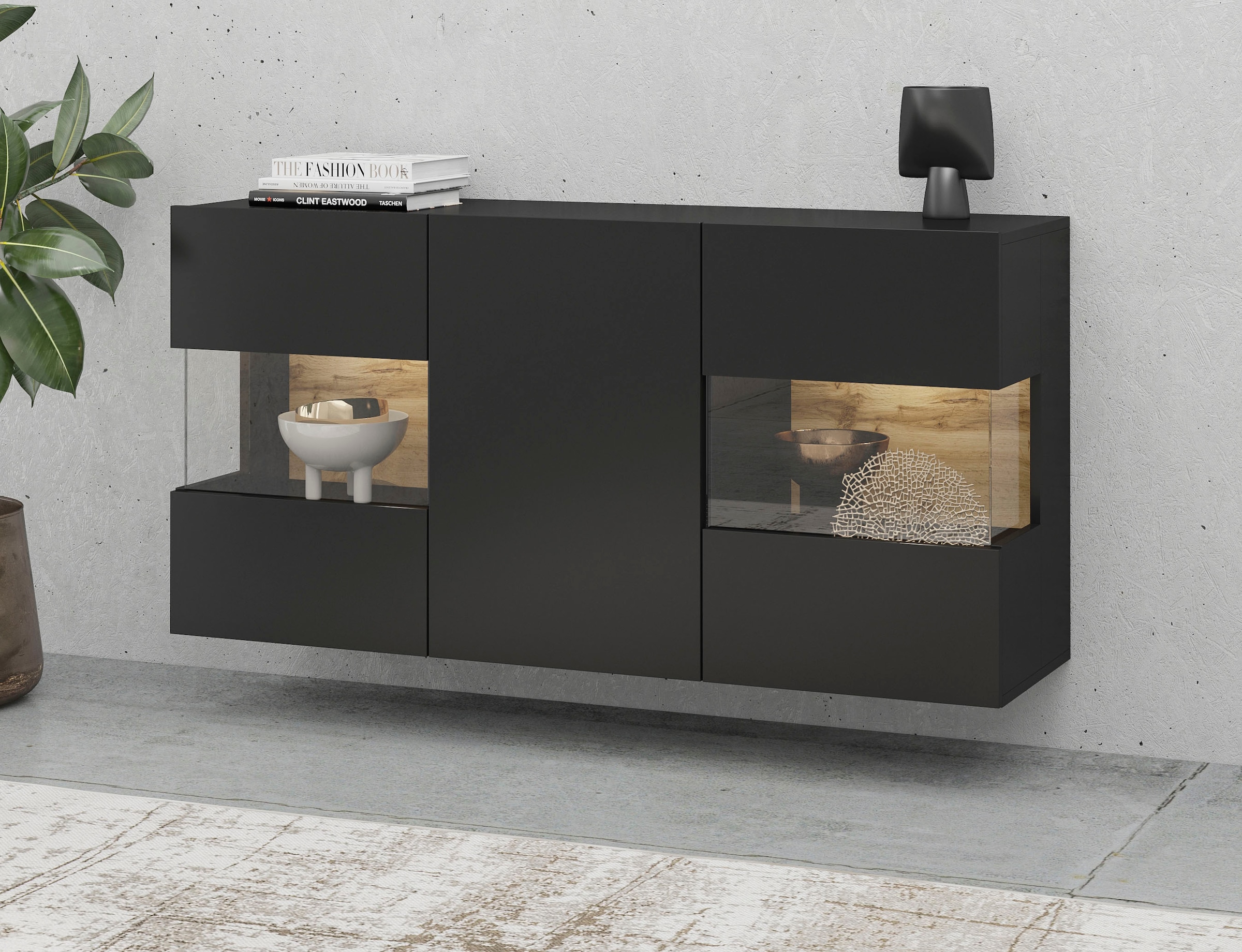 INOSIGN Sideboard »Ava, Breite 120 cm, hängend und stehend montierbar« moderne grifflose Kommode, Anrichte, 3Türen, Eckverglasung
