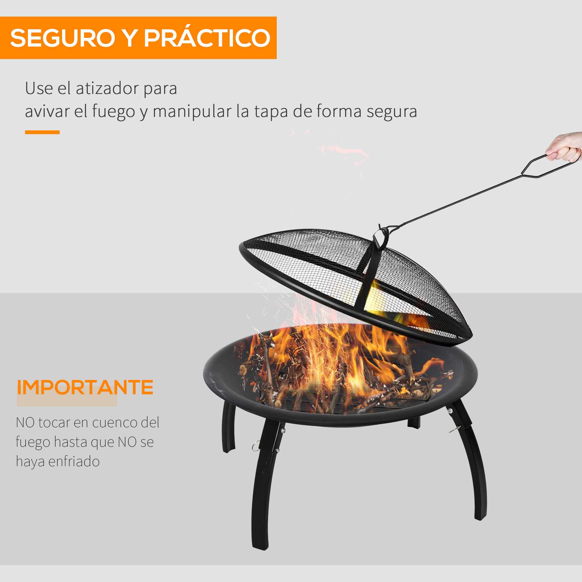 Lareira externa portátil Outsunny Ø55 cm para aquecimento, churrasco, terraço, pátio, camping e jardim, com capa de malha e atiçador. Cor preta.
