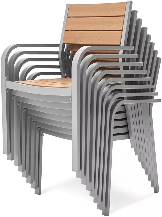 ASKON Gartengarnitur 5tlg. aus Aluminium und Non-Wood Teak-Optik, Stühle stapelbar, Sitzgarnitur mit 4 Gartenstühle mit Tisch, Poly-Holz
