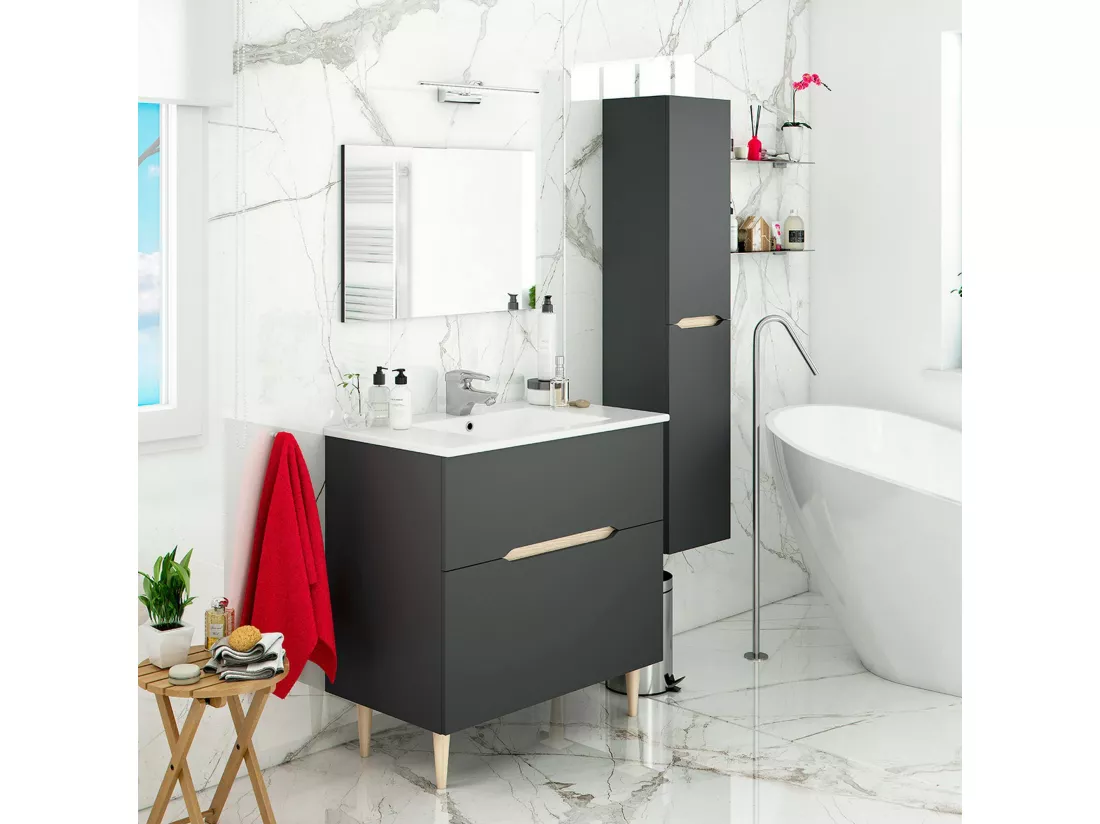 Meuble sous-vasque Dosimhe, Meuble sous-vasque de salle de bain, Meuble sous-vasque avec miroir, Lavabo non inclus, 80x45h80 cm, Anthracite et Chêne