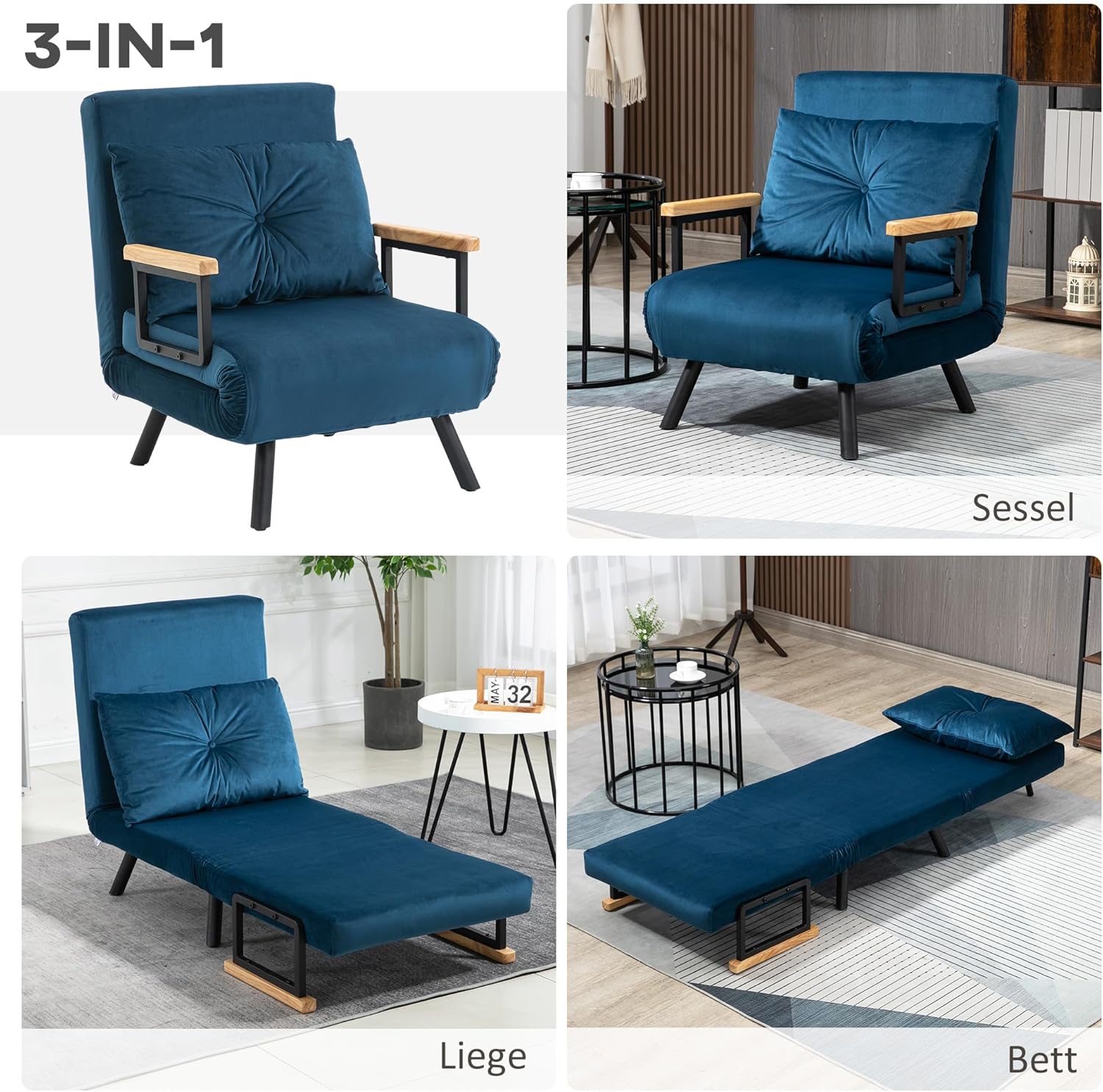HOMCOM Schlafsessel 4 in 1 Sessel mit Schlaffunktion, 183 x 63 cm Klappbar Schlafsessel mit 5-stufig Verstellbarer Rückenlehne, Lendenkissen und Samtoptik für Wohnzimmer, Blau