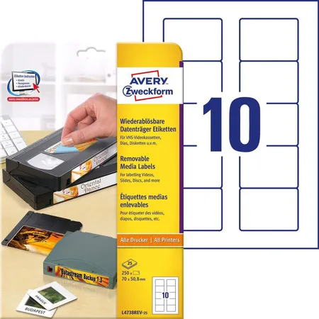 Avery Zweckform L4738REV-25 Etiketten für Disketten,A4 70 x 50,8 mm, 25 Bogen/250 Etiketten, weiß
