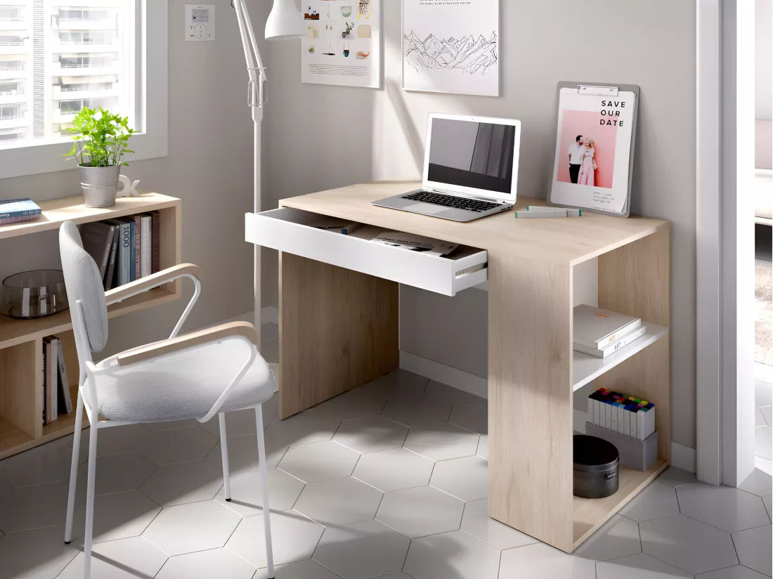 Bureau avec rangements INES - Coloris : Chêne et Blanc