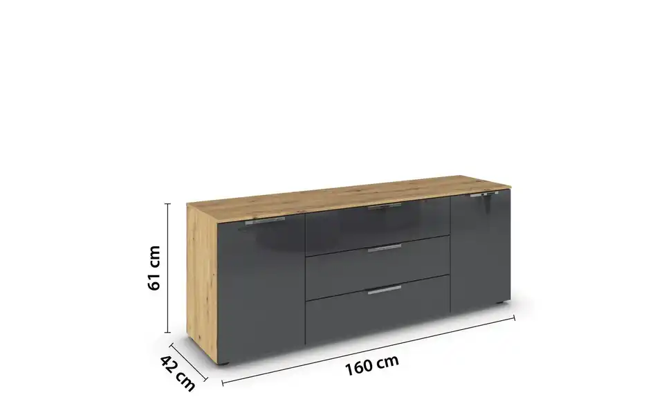 Sideboard Basaltgrau, Eiche Artisan (Nachbildung) Basaltgrau, Eiche Artisan (Nachbildung) Front: Glas, Oberboden: Dekor verchromt