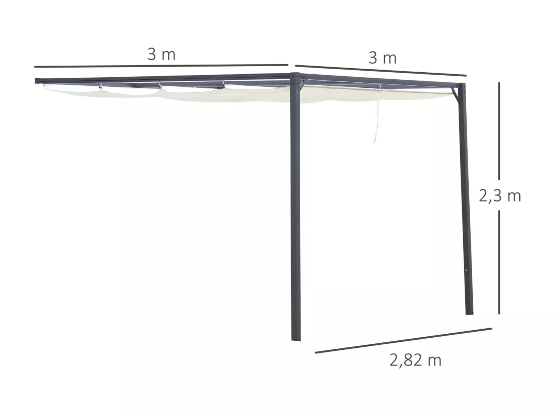 Pergola adossable retractable dim. 3L x 3l x 2,3H m pavillon de jardin toile polyester haute densité crème structure métal époxy gris