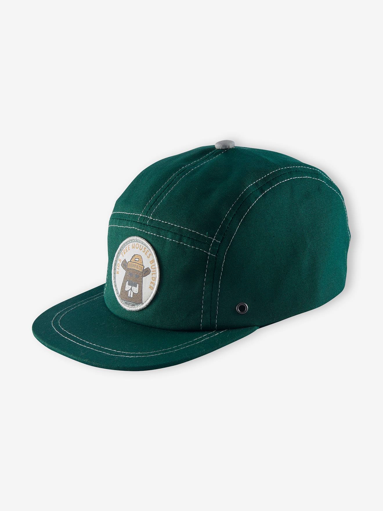 Boné liso verde-escuro para meninos com estampas.