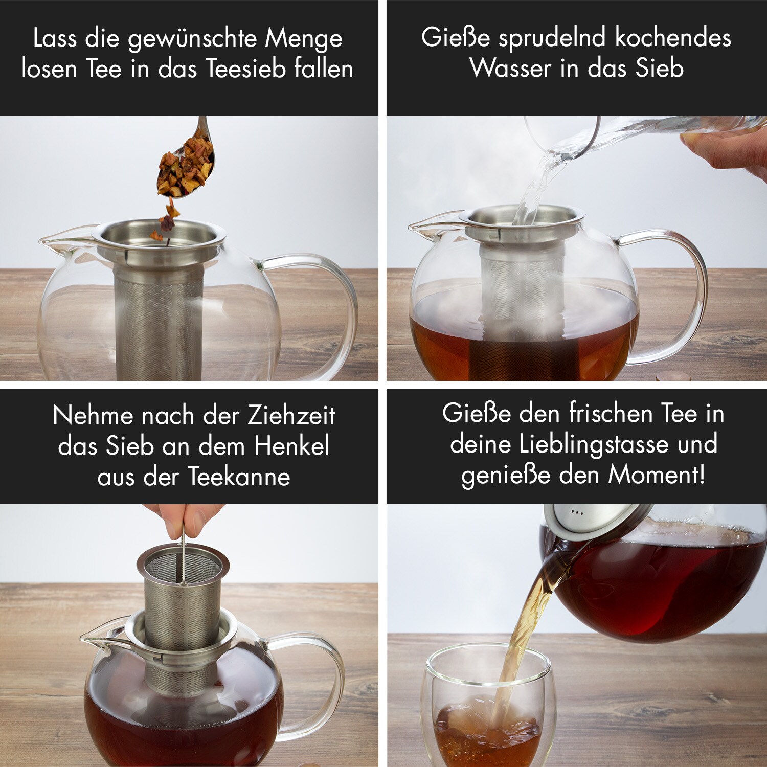 Sencha Teekanne 1,8 l Edelstahl-Siebeinsatz Borosilikatglas Deckel