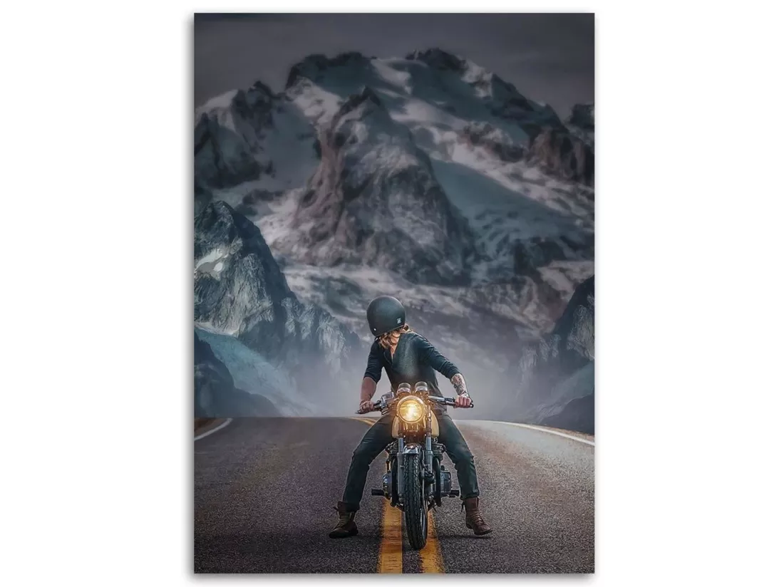 Tableau motocycliste bois sur route - 40 x 60 cm