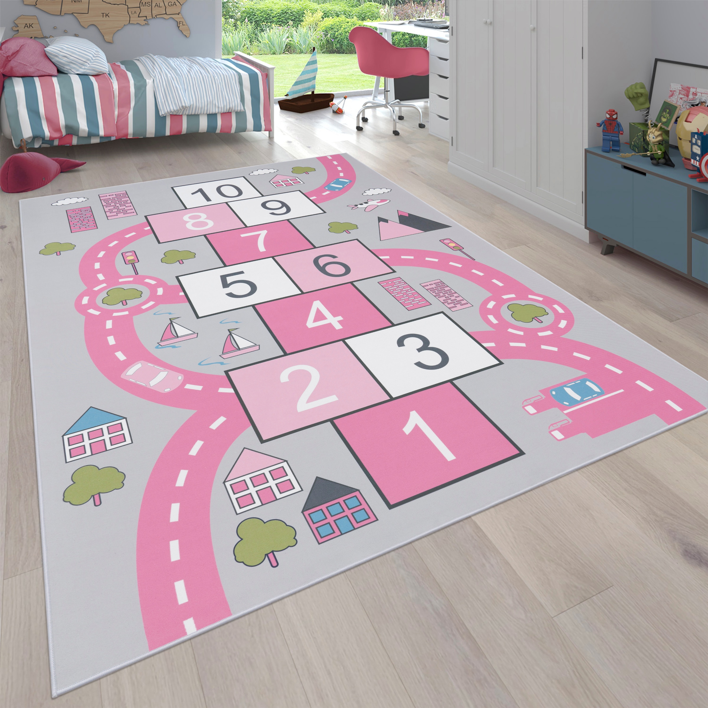 Paco Home Kinderteppich »Bino 569« rechteckig 4 mm Höhe Kurzflor, Strassen-Spiel-Teppich & Motiv Hüpfkästchen 
