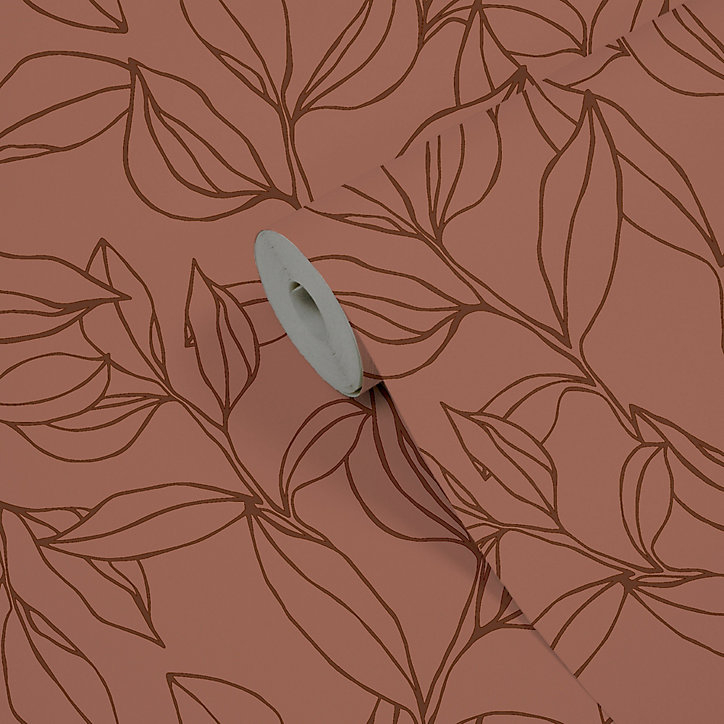 Papier peint vinyle intissé fleur au trait terracotta rouge 53 cm x 10,05 m Lutece