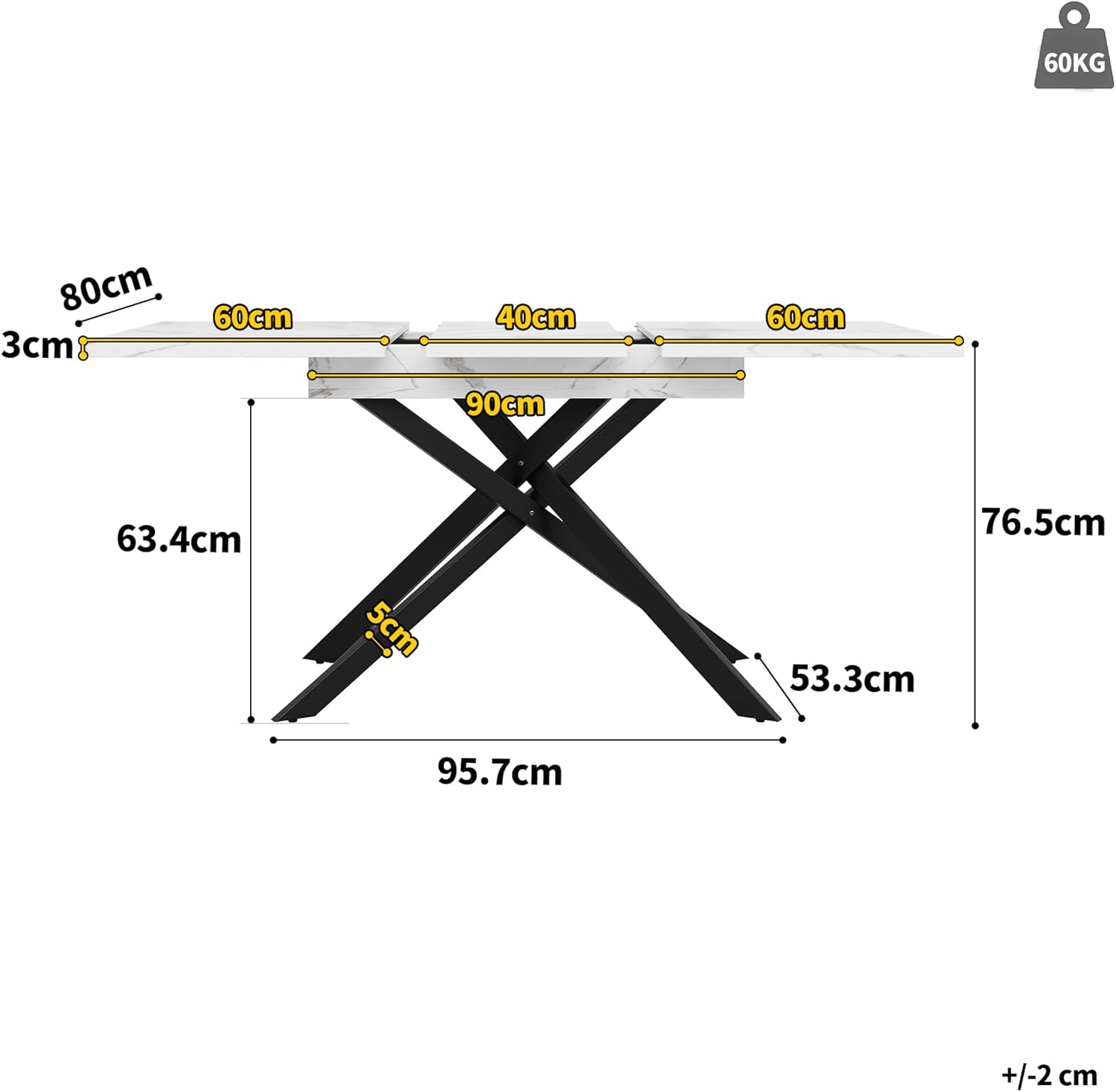 Esstisch Ausziehbar, küchentisch Esszimmertisch, 120-160×80x76.5 cm Rechteckiger Küchentisch, Schwarz Gekreuzte Eisenbeine, Dining Table, Ausziehbar Esstisch für Wohnzimmer, Esszimmer (Weiß)