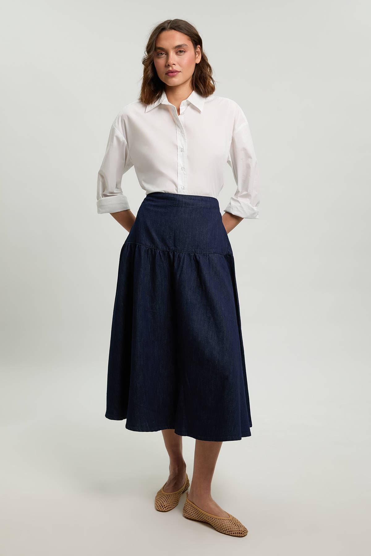 KarenMillen Jupe Midi Plissée En Denim À Coupe Ample