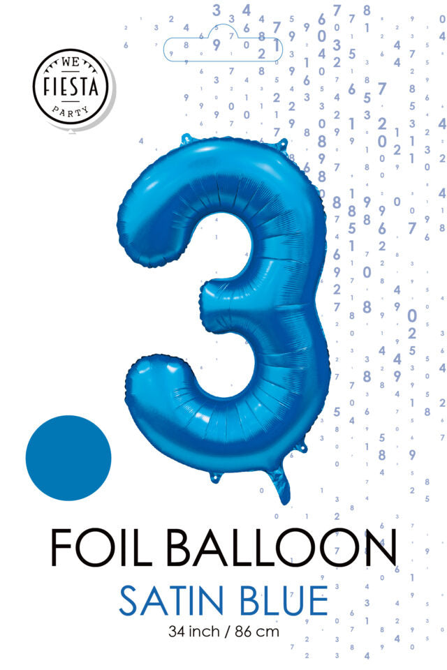 Blauwe Cijfer Ballon 3 Jaar Glans 86cm