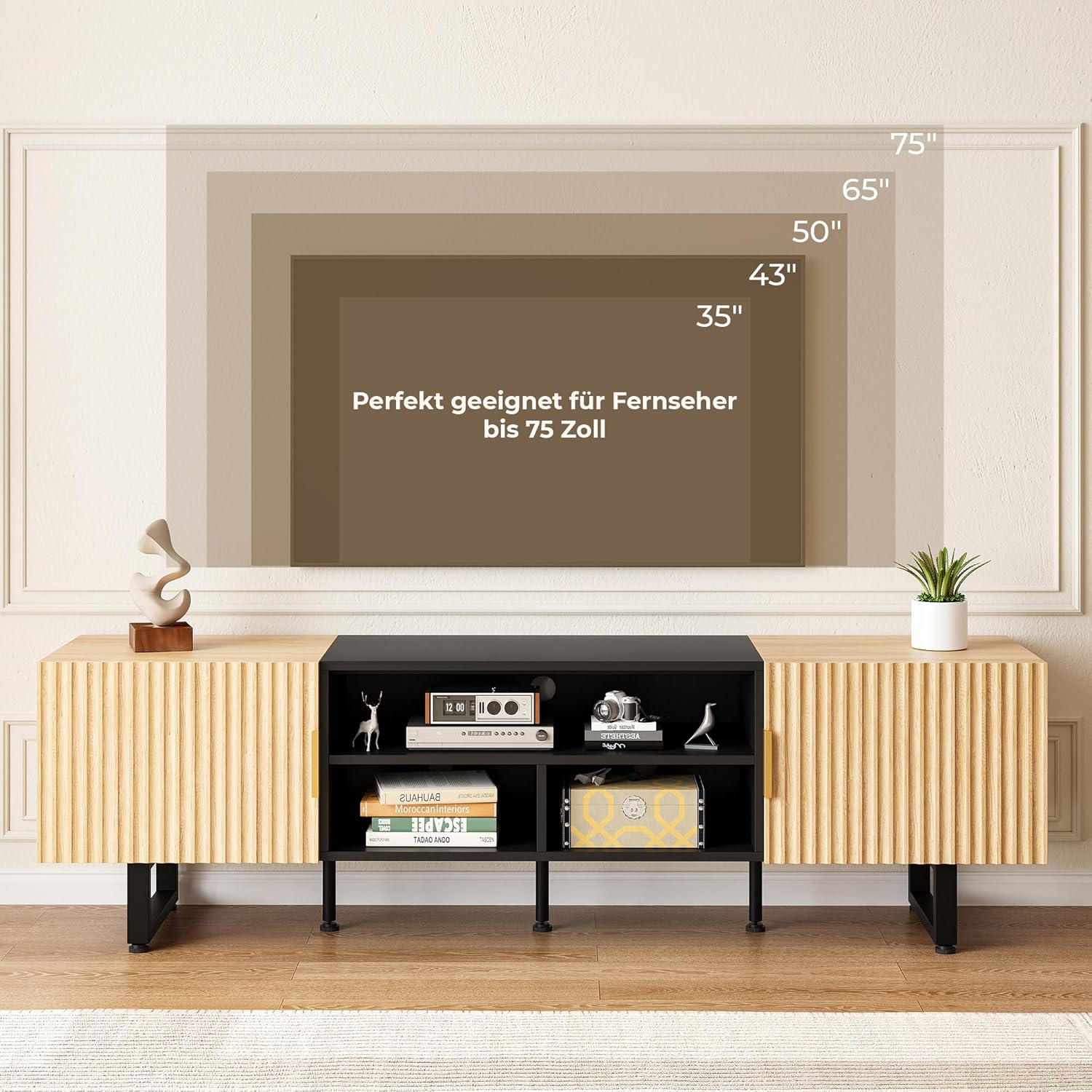 IRONCK TV Schrank 180cm Lowboard für Fernseher bis zu 65/75/80 Zoll, Fernsehtisch mit 2 Türen 3 offenen Fächern, Fernsehschrank Holz, Modern TV Board für Wohnzimmer, Schlafzimmer (Schwarz/Eiche)