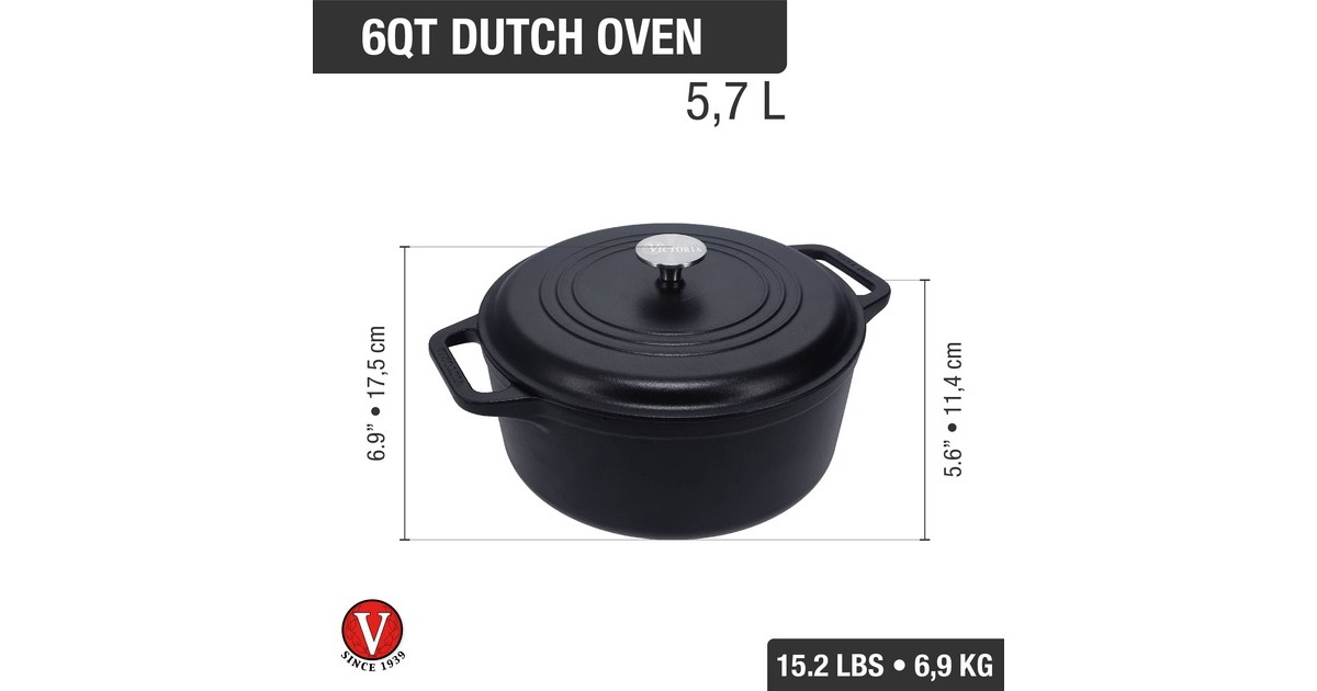 VictoriaDutch Oven, 26 cm 5,7 liter, Seasoned bak-/braadpan  (Zwart/zilver, Color+Kraft Cardboard Box)