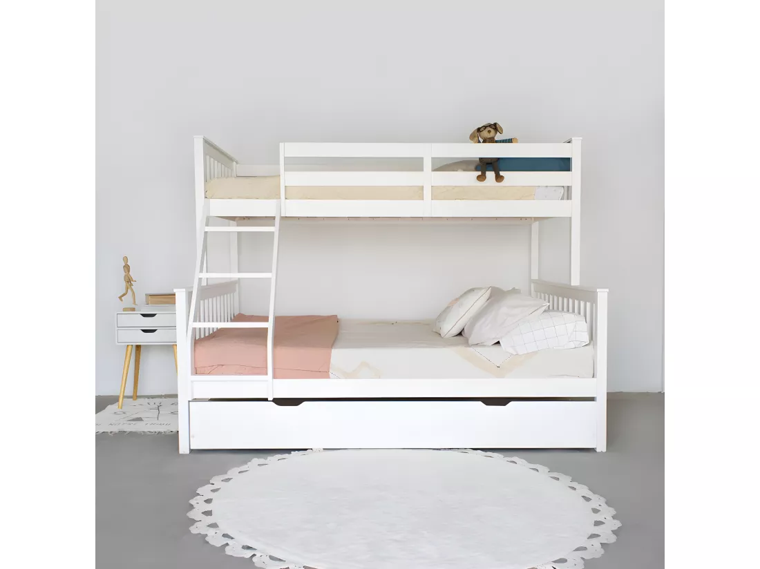 Lit superposé triple + lit pieds pliants bois blanc 135 cm