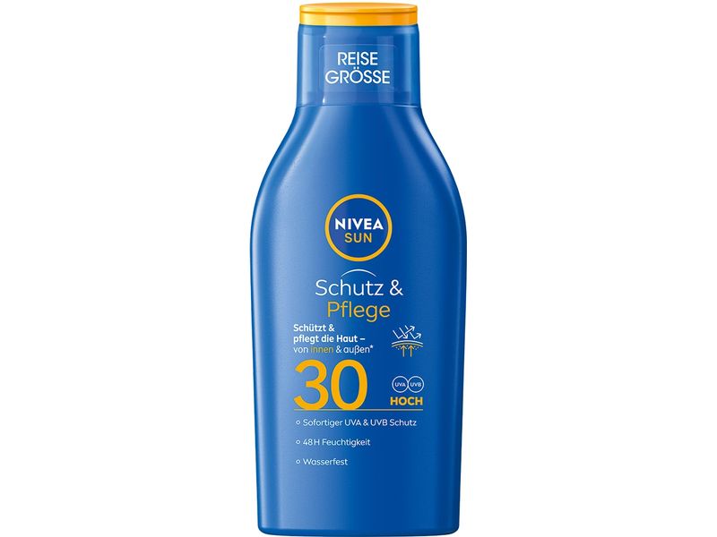 NIVEA SUN Sonnenmilch Protect and Moisture LSF 30 100 ml Sonnenschutz im praktischen Format für Reisen