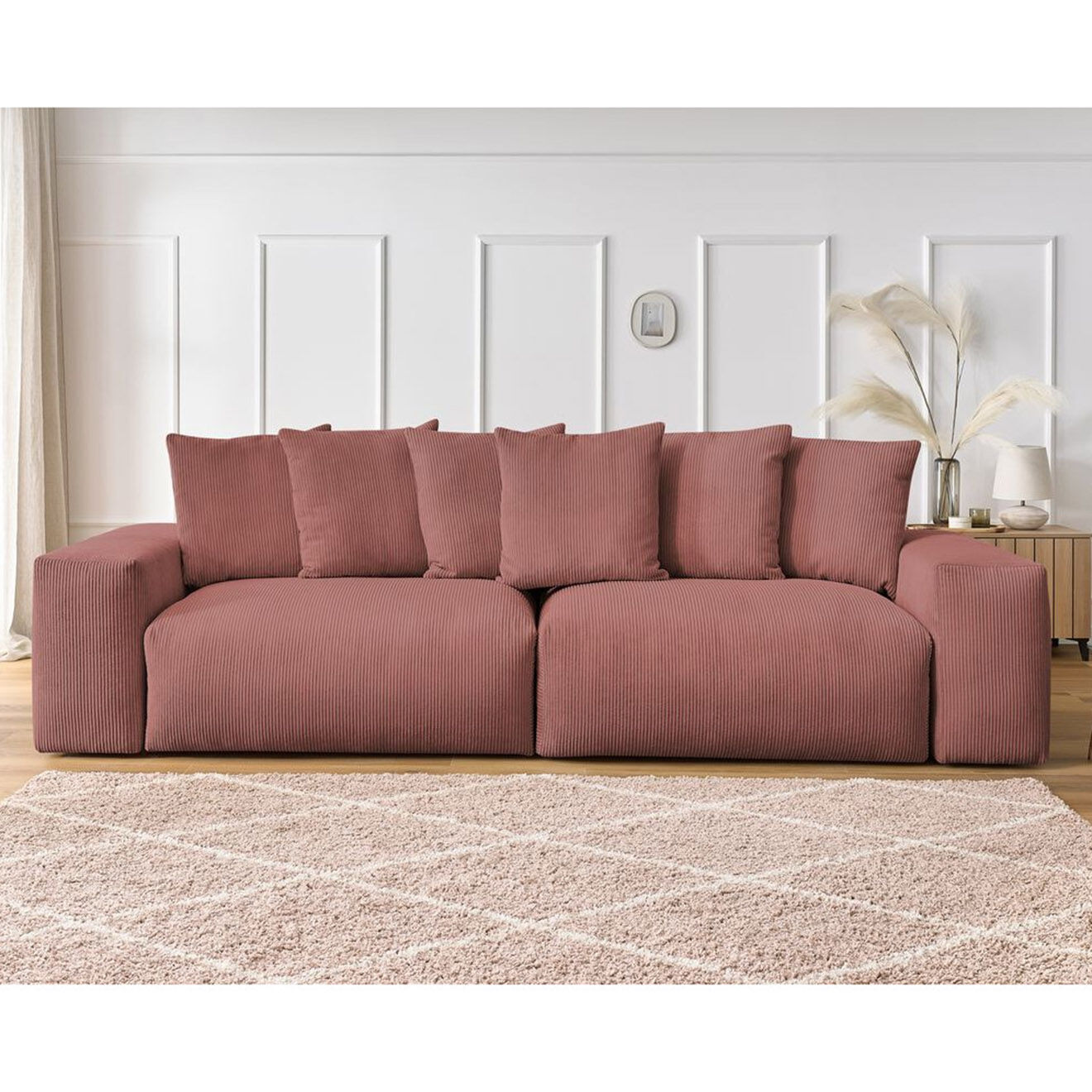 Bobochic Canapé 4 places moelleux voltaire velours côtelé rose - 320x124x75 cm
