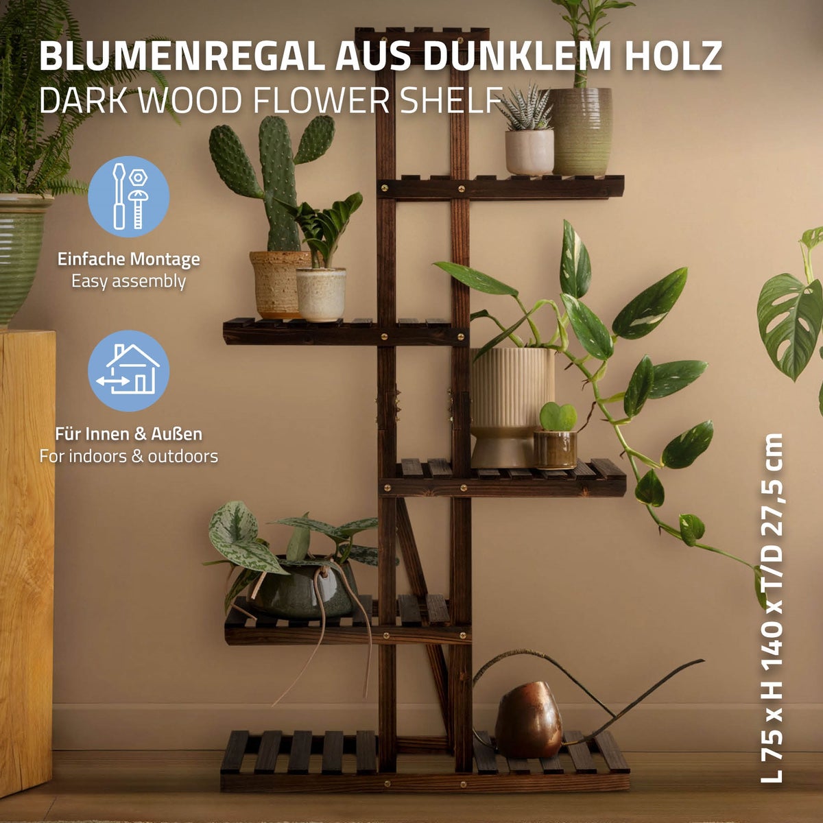 ML-Design Houten Bloemenplank, 75x27,5x140 cm, 6-laags plantenstandaard, 6-laags bloementrap, plantenstandaard, tuinplank voor buiten, bloemenstandaard voor balkon, woonkamer, tuin, buiten