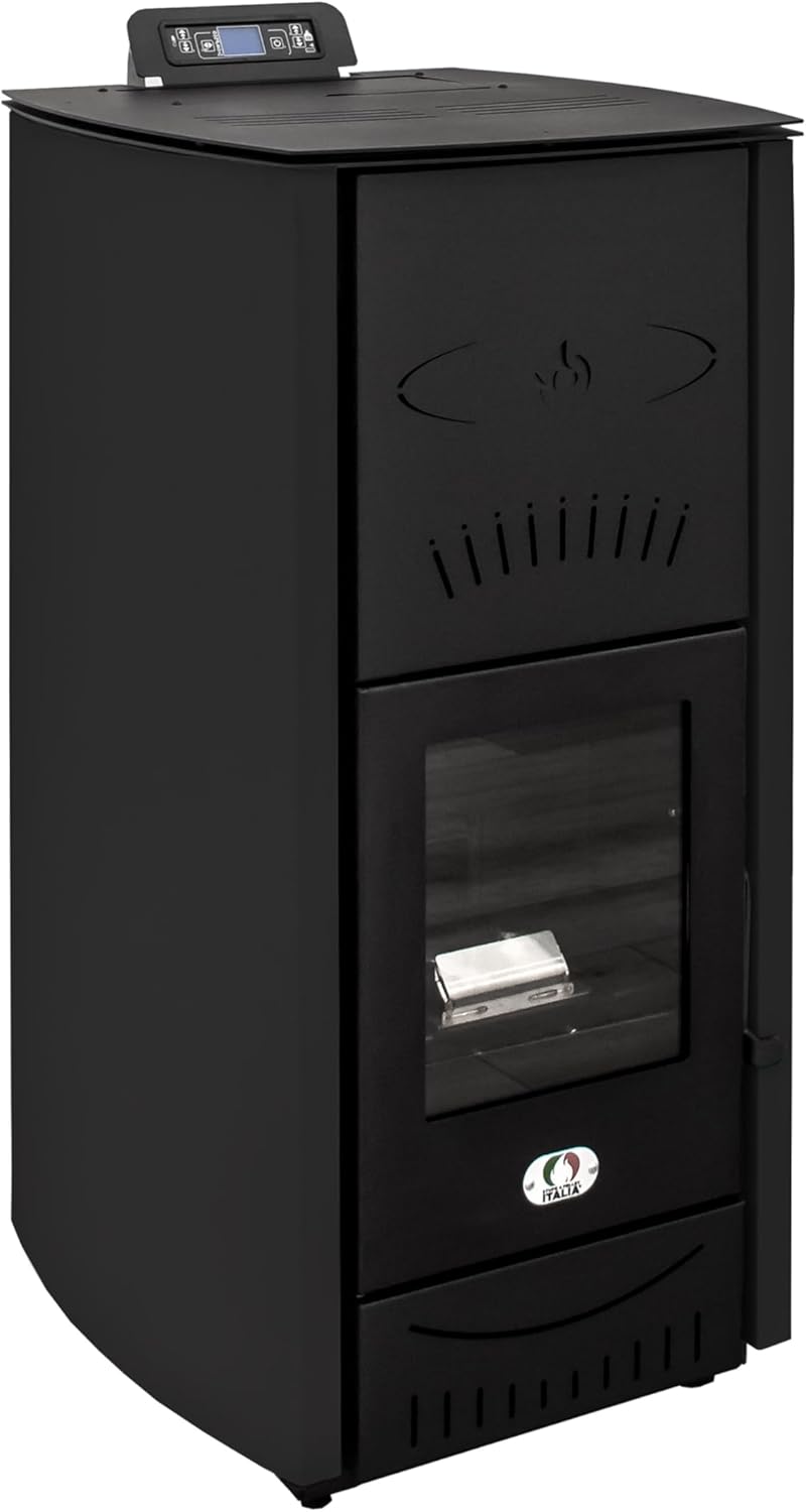 STUFE A PELLET ITALIA Asia 24 Kw | Hydro-Pelletöfen Effizienz 92% Heizung für 180m² Autonomie 22 Std. Programmierbar 5 Geschwindigkeiten und Leistungsstufen 24M Garantie Schwarz