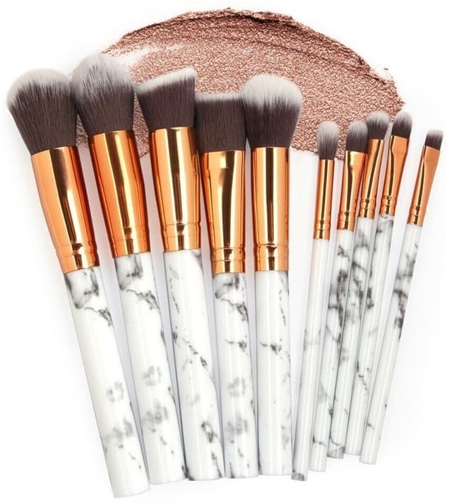 Professionelle, skånsomme makeup-pensler 10-pak, marmorhvid