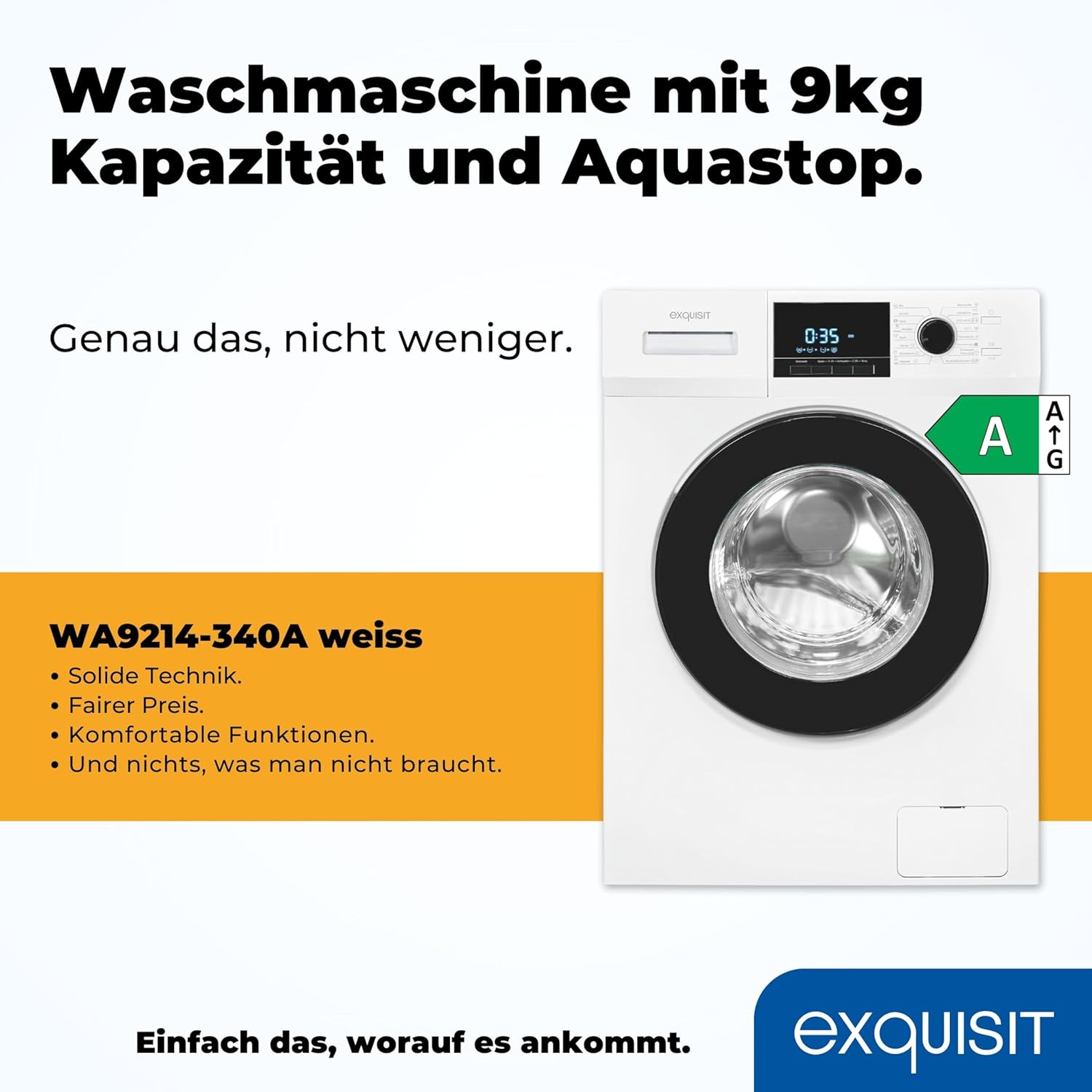 Exquisit Waschmaschine WA9214-340A weiss | 9 kg Fassungsvermögen | Energieeffizienzklasse A | 16 Waschprogramme | Kindersicherung | Startzeitvorwahl