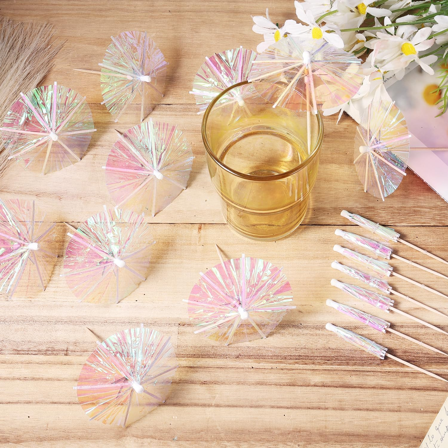 (50er Set) Irisierende Papier Cocktail Schirmchen Party Spiesse Deko Getränke Schirm - Rosa