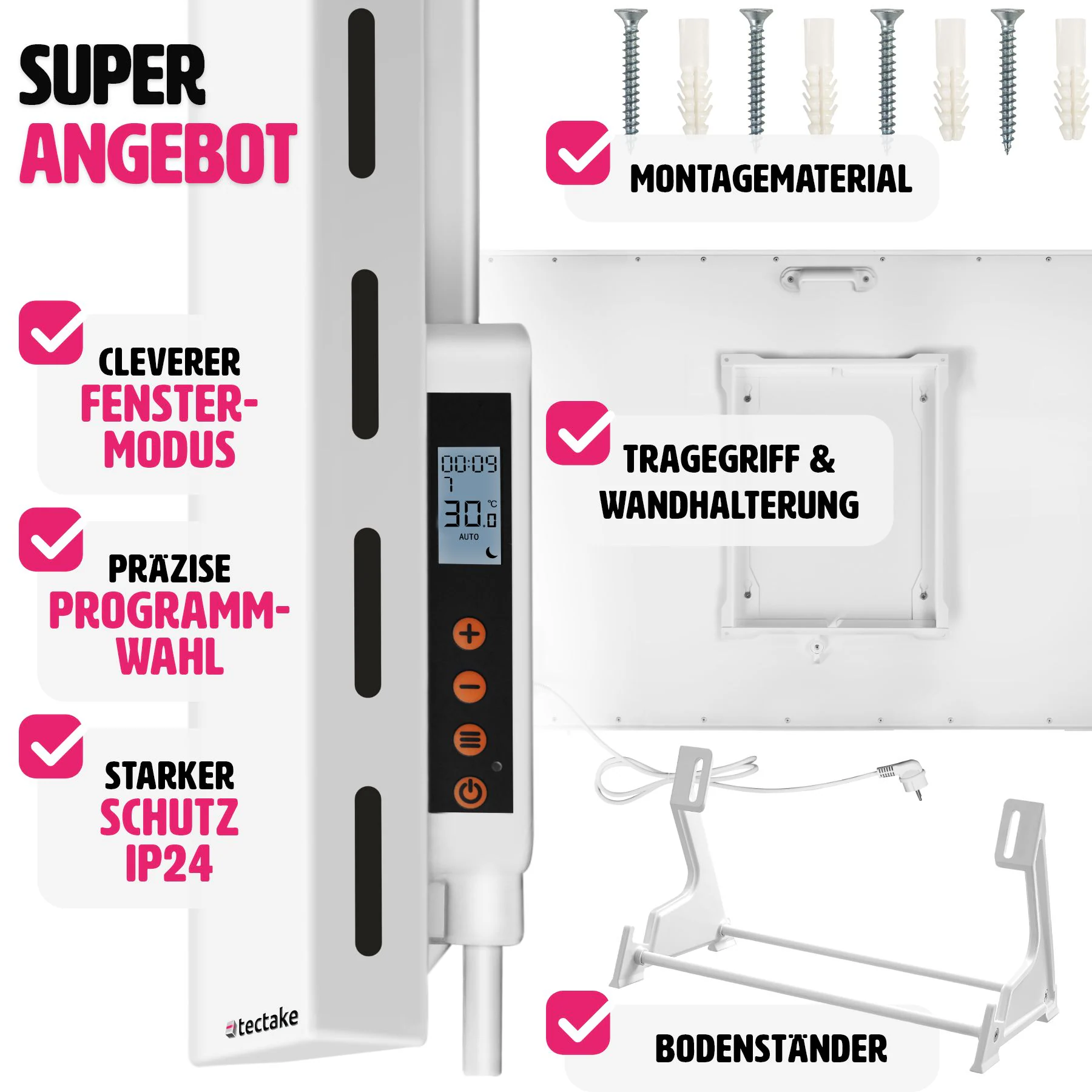 tectake® Hybrid Infrarotheizung, rahmenlos mit Thermostat, Überhitzungsschutz, einfache Wand- oder Deckenmontage, inklusive Ständer