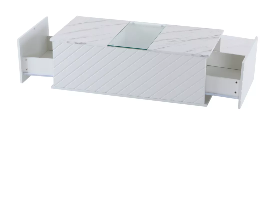 Table basse moderne - aspect marbre - avec LED et rangements - Blanc