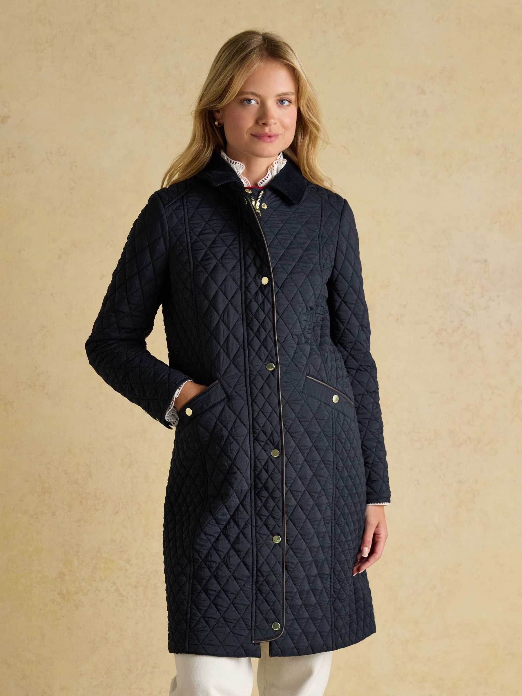 Marineblauw - Joules Rosewell Longline Diamond Quilted Showerproof Coat with Collar