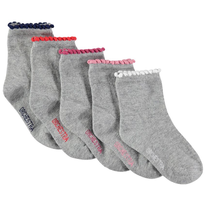 Lot de 5 paires de chaussettes à bord-côte fantaisie contrasté - Gris chiné