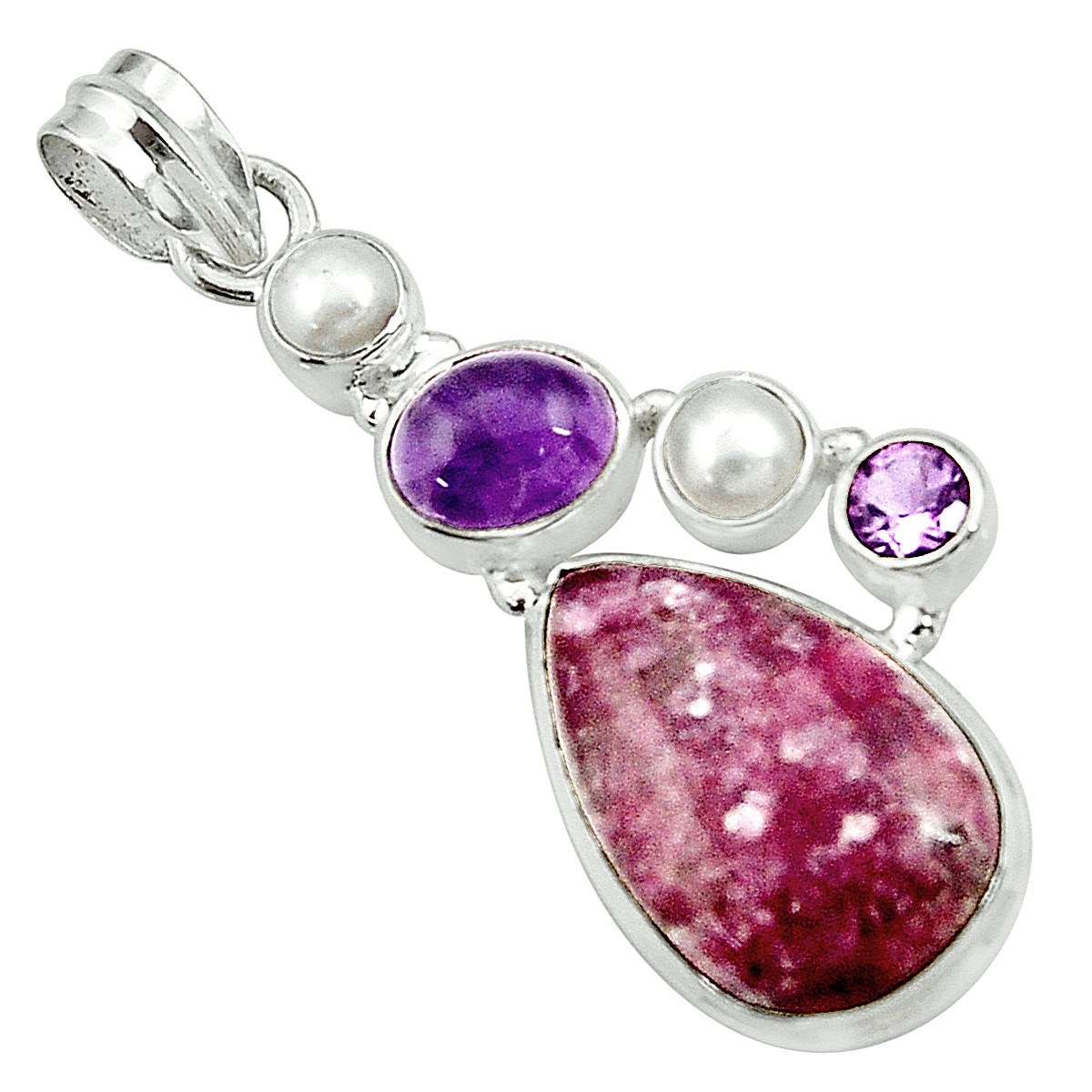 Pendentif en argent goutte lépidolite violette et améthyste + chaine 3cm gxi244