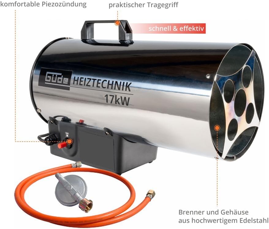 Güde 85006 Gasheizgebläse GGH 17 INOX (17kW, Edelstahlbrenner, Edelstahlgehäuse, Schlauch 1,5 m, Druckminderer)