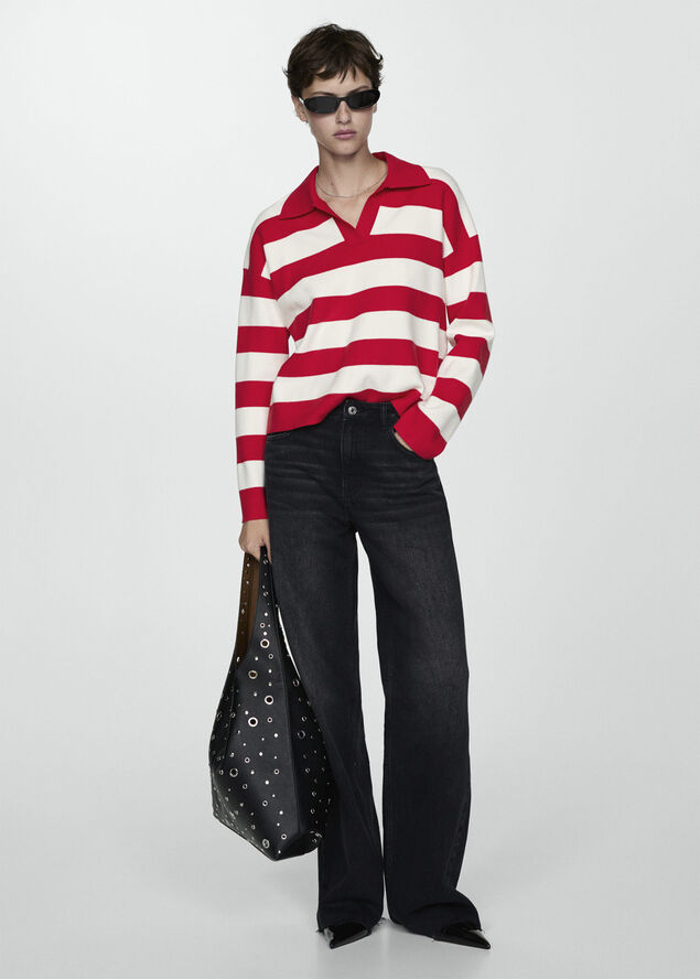 MANGO Striped polo-neck sweater Red