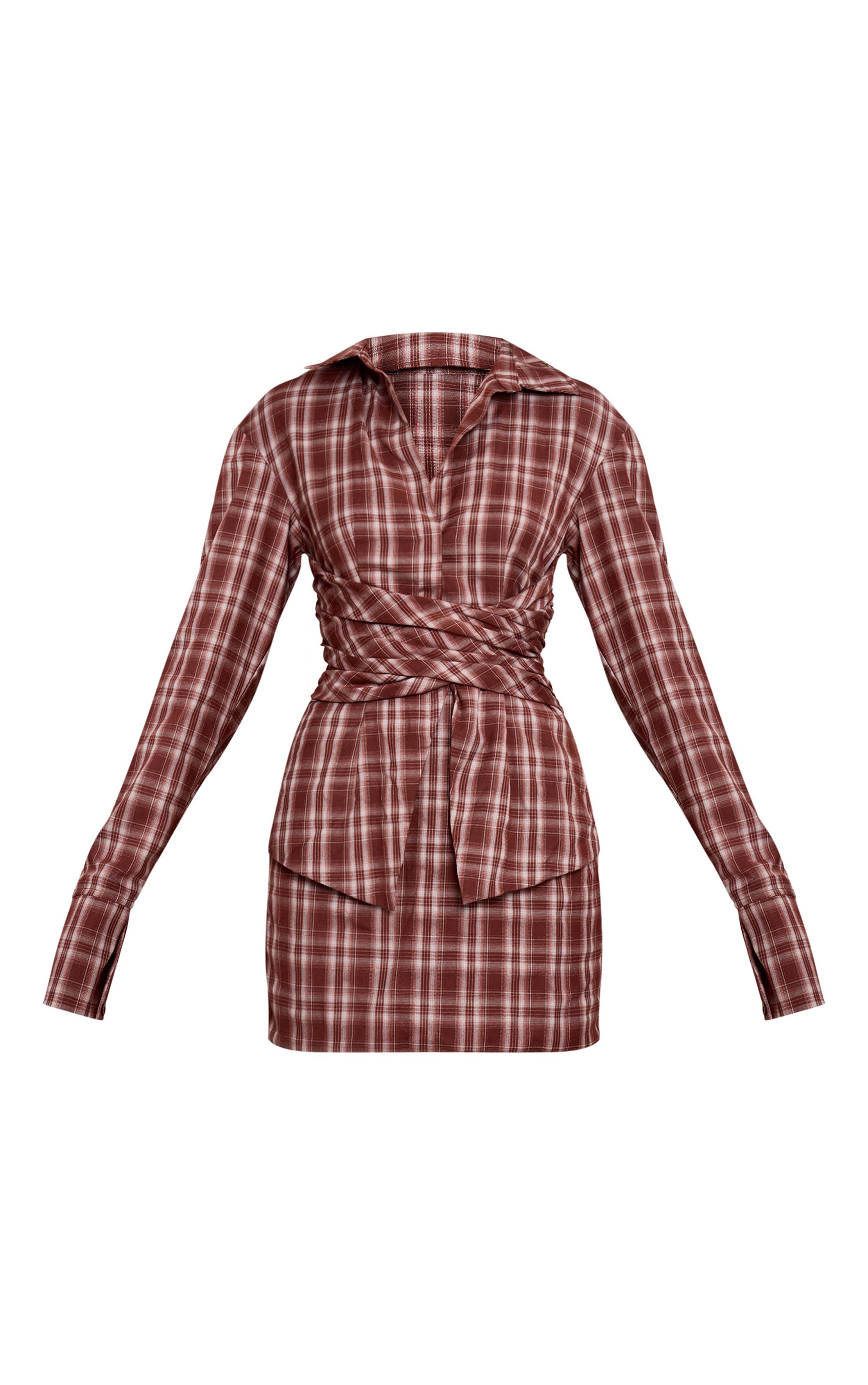 Marron Robe Chemise À Manches Longues À Rayures Tennis Avec Détail Cache-cœur