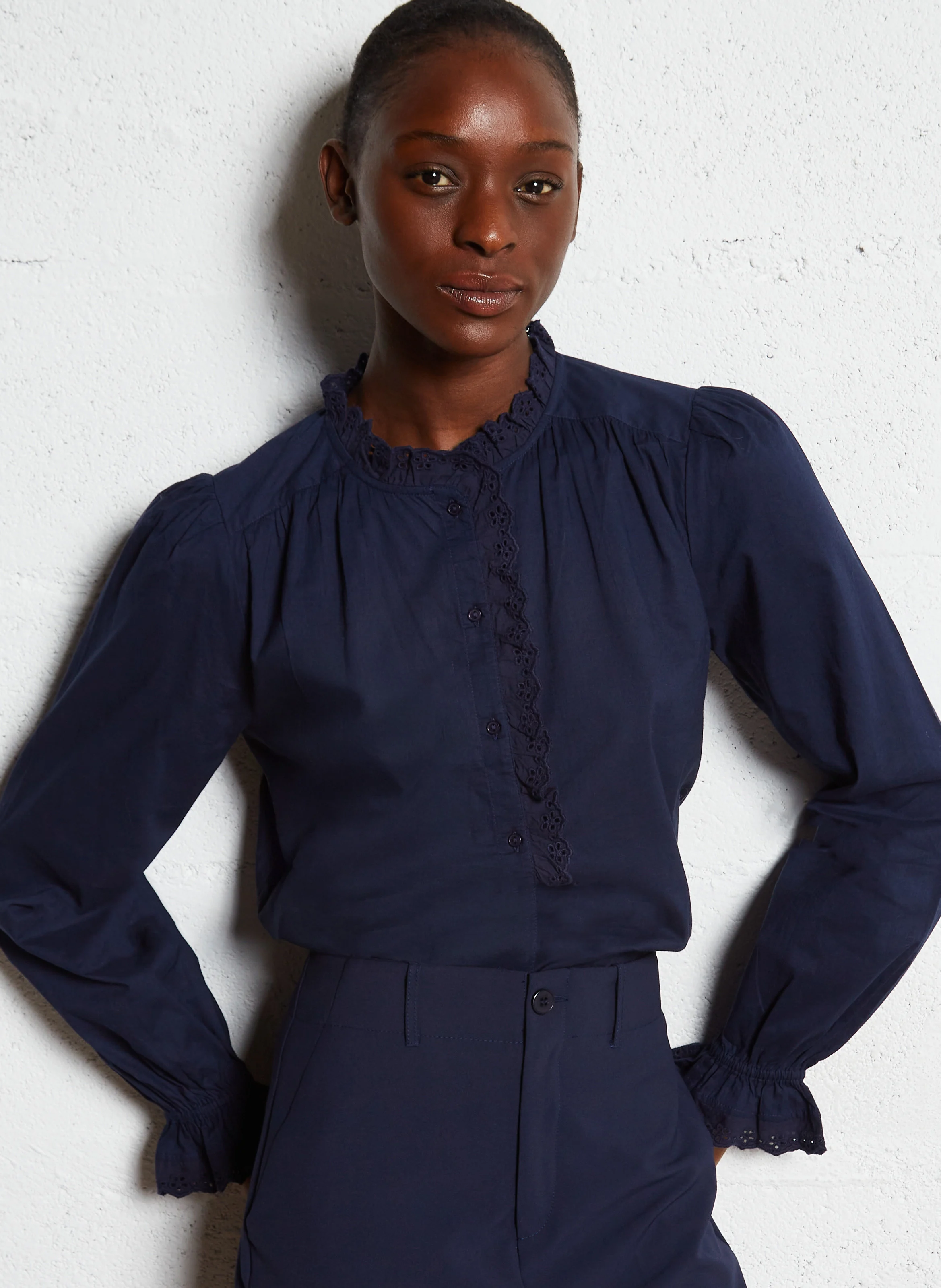 CAMILLIE - Blouse à volants en coton | Bleu