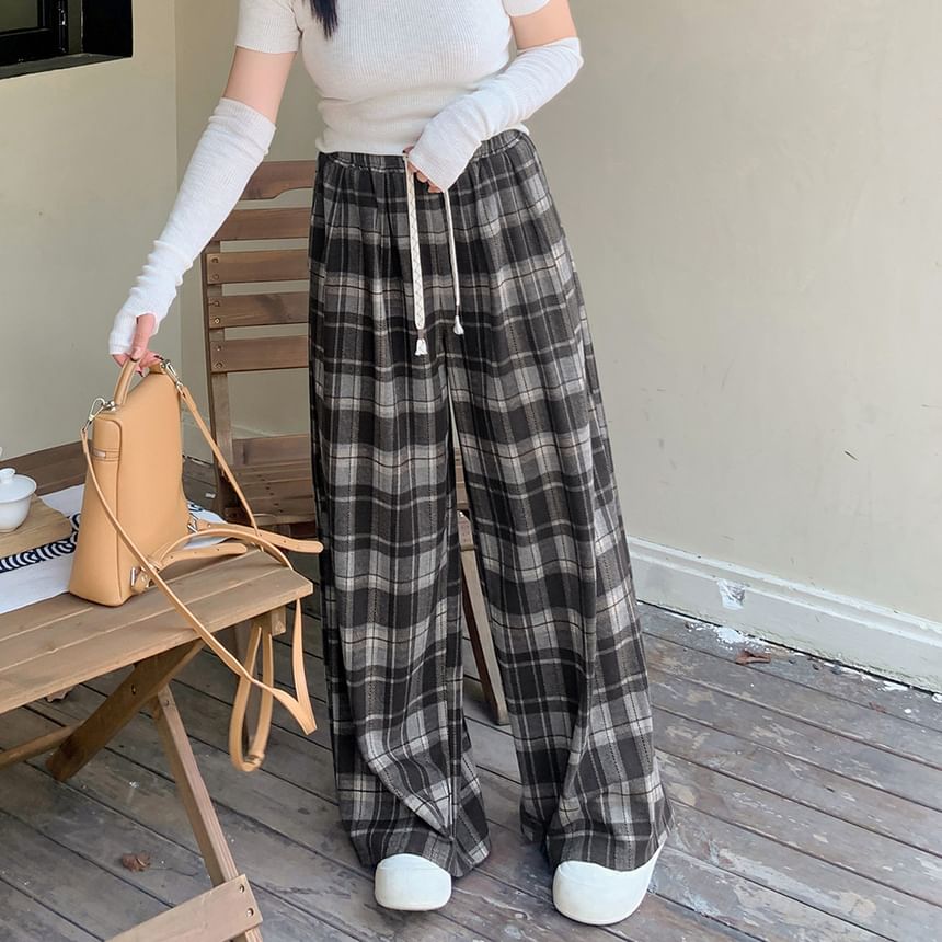 Tripoly - Plus-size geruite, wijde gebreide broek met trekkoord in de taille